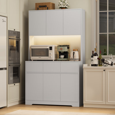 Armoire de cuisine de 71 po de hauteur avec station de charge et lumière DEL Aybike, garde-manger autoportant avec 4 armoires, 3 tiroirs et tablette à micro-ondes, rangement pour huche de cuisine, tablettes réglables