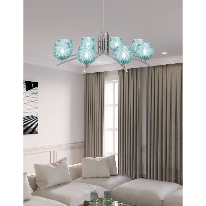 Lustre lumineux avec verre texturé turquoise de 6 po, H 58,25 po x l 36 po x P 36 po, Graphite, 8