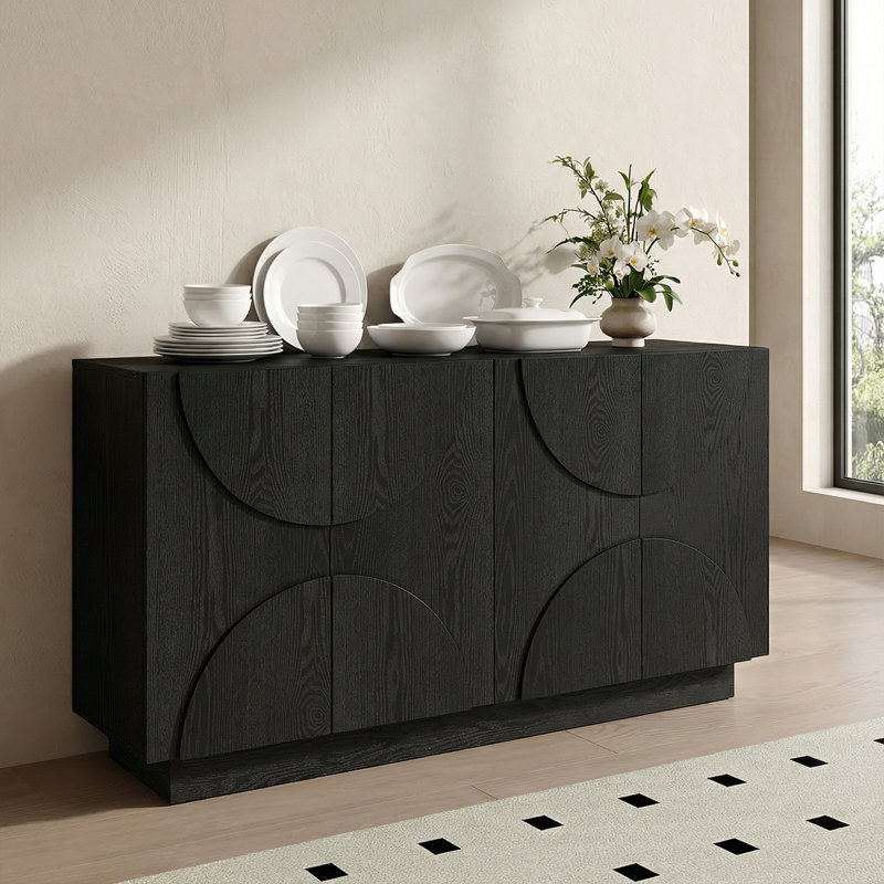 Elegant 4-Door Sideboard Cabinet With Adjustable Shelves And Semi-Circular Handles,With Natural Wood Grain Texture, Black