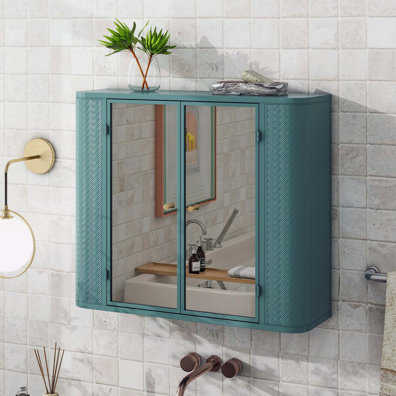 Armoire de salle de bain murale avec miroir, 2 portes en miroir et tablette ouverte, Vert d’armée