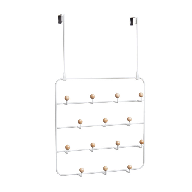 White Steel Wall Organizer with Wooden Knob Hooks