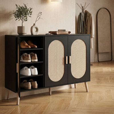 Black Three-Door Shoe Cabinet For Hallways, 12-Layer Rattan Design, Adjustable Shelves, Large Capacity For 24 Pairs Of Shoes.