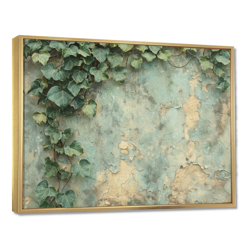 Collage de feuilles de lierre sur un mur III - feuilles, art mural, H 30 po x l 40 po, Impression encadrée flottante, Doré