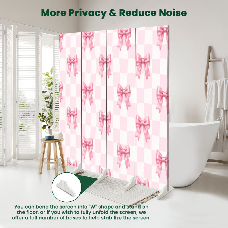 Paravent 4 panneaux à cloison pliable Royal Pink Bows, 71" H x 64" W x 1" D, 4