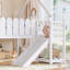 Lit mezzanine double pleine grandeur pour enfants avec glissade, escalier, tablettes de rangement, lumières DEL et garde-corps ronds, blanc-133665518-133665519