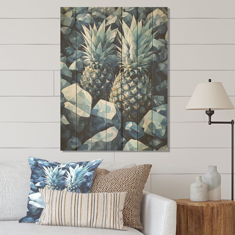 Ananas vert et bleu, paradis tropical III - ananas sur bois, H 20 po x l 10 po