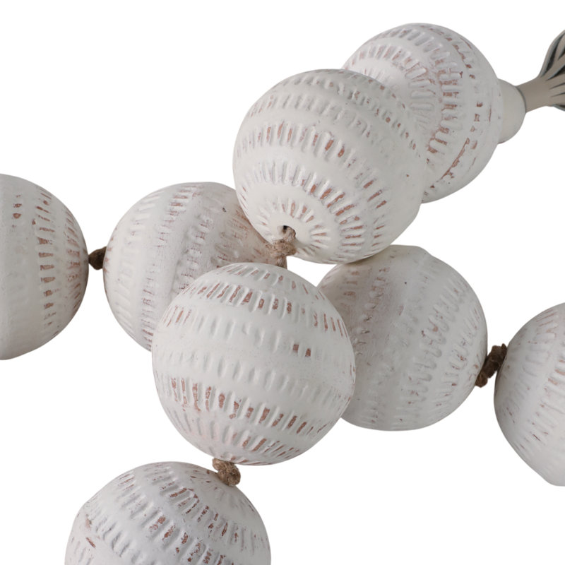 Decorative Ecomix and Leather Bead Strand with Tassel Accents and Textured Round Design for Stylish Home Accents and Modern Boho-Inspired Decor - White