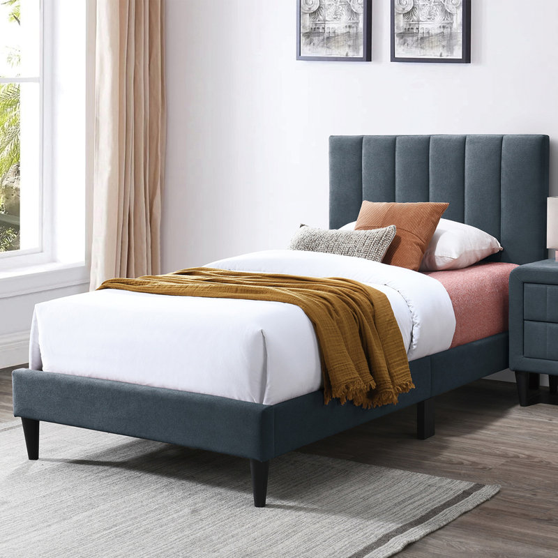 Brushed Linen Fabric Adjustable Headboard Bed With Channel Tufting Design, Twin, Grey