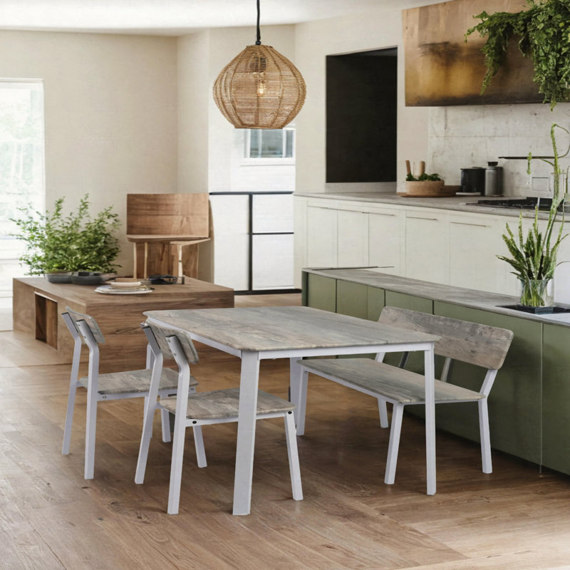 Modern dining table set, 4 Pieces: Table, Bench, 2 Chairs