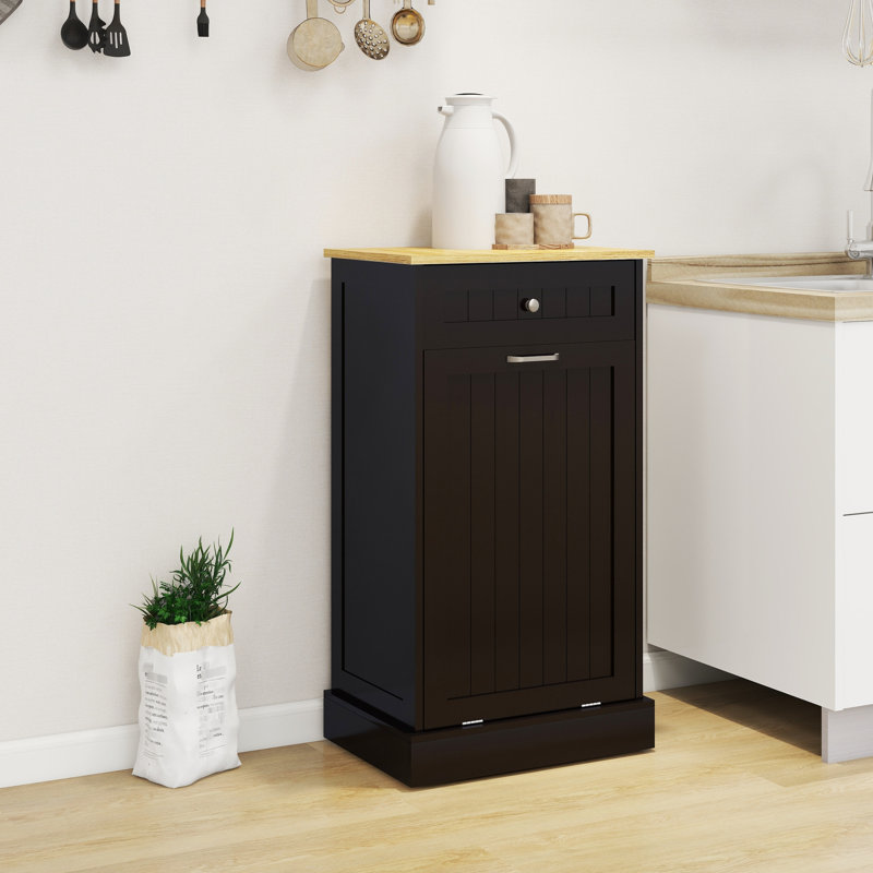 Armoire poubelle de cuisine enduite à un tiroir et noire, peut être intégrée à un îlot, prédécoupée pour l'assemblage, s'incline, résiste à l'humidité, dissimule et maintient la zone propre