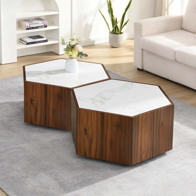 Hexagonal Rustic Retro Wood Coffee Table with Hidden Storage and Marble Top, Ideal for Living Room and Reception Areas by Orren Ellis