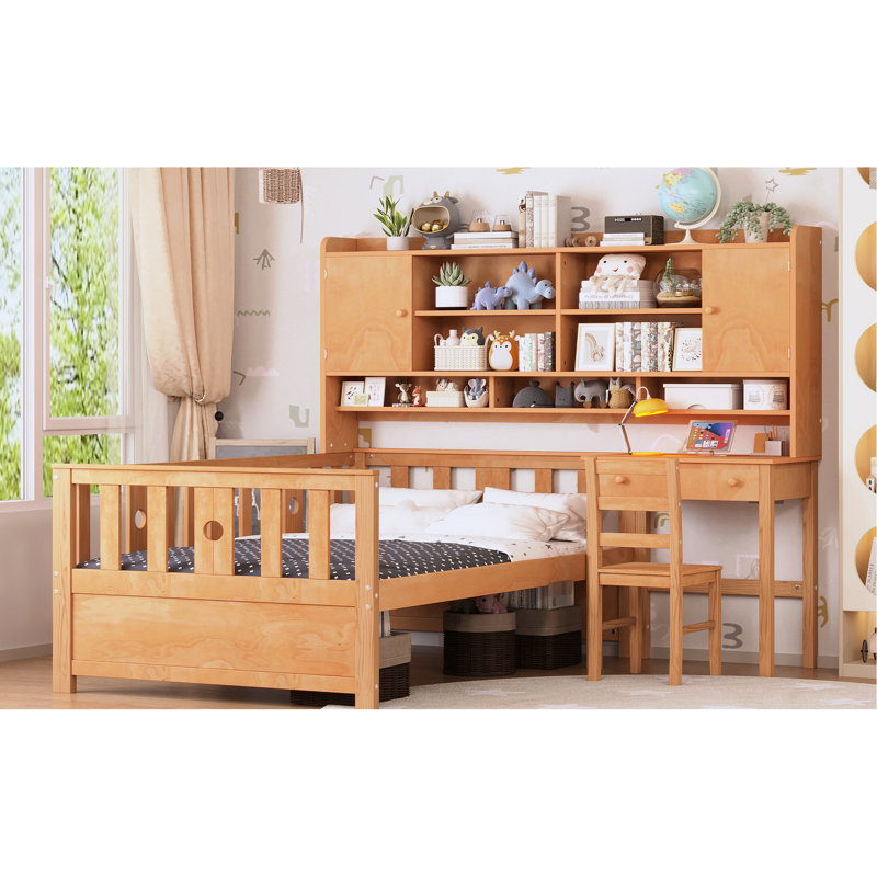 Lit simple en bois naturel avec configuration de production: bureau intégré, bibliothèque et chaise, Naturel