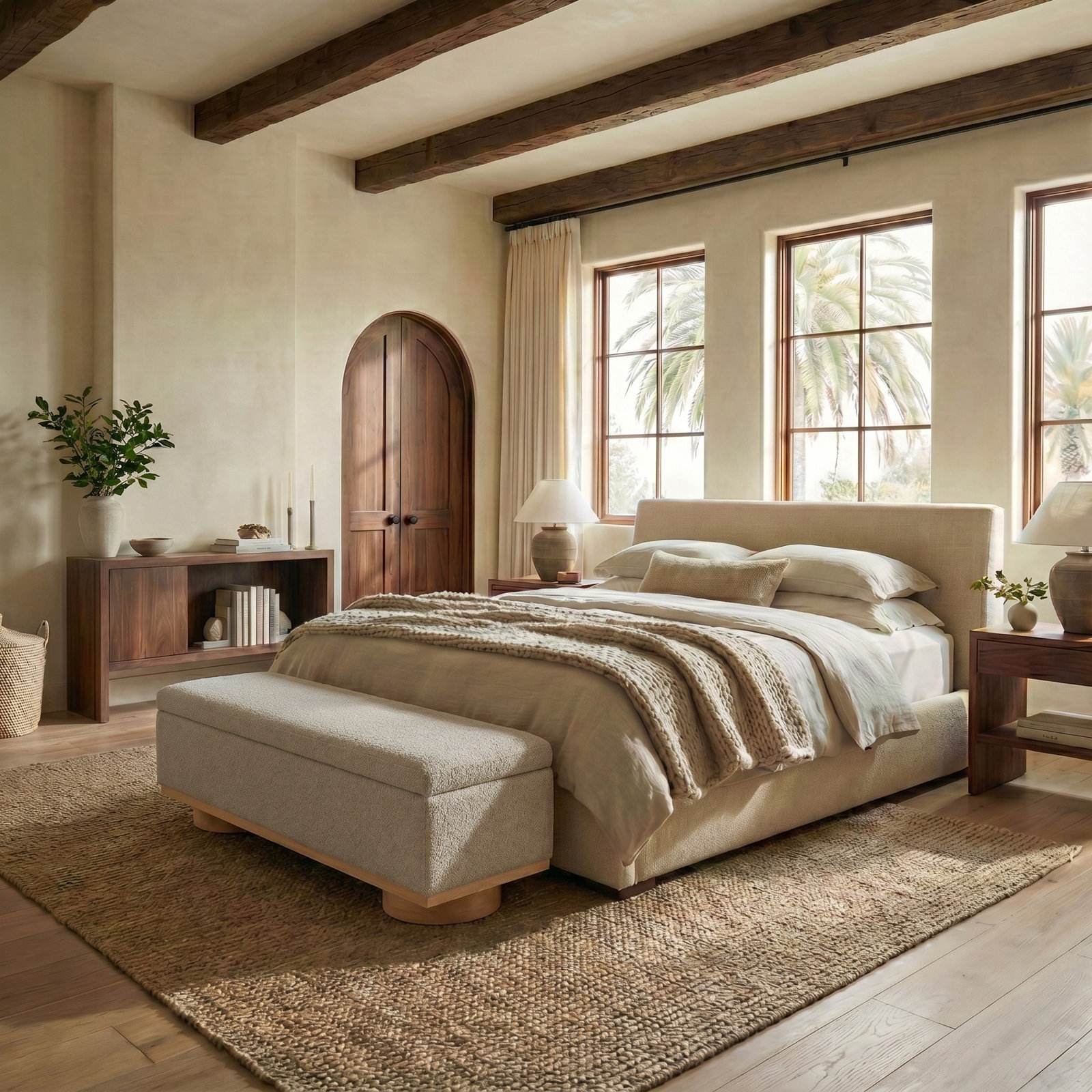 Morje 61" Linen Entryway Bench, Brown Boucle, Natural