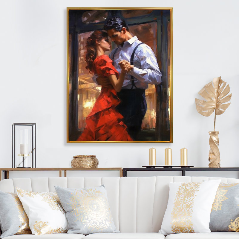 Couple dansant le tango, peinture - art mural sur toile Couple, H 20 po x l 12 po, Cadre flottant doré