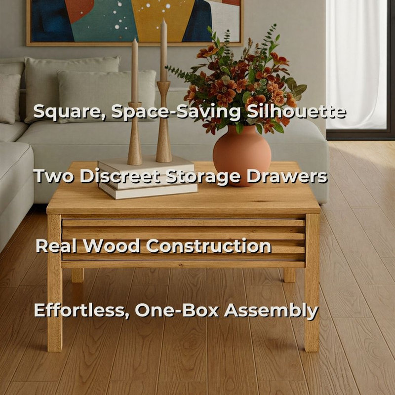 Charnay 32” Square Wood Coffee Table With Dual Drawers, Light Oak