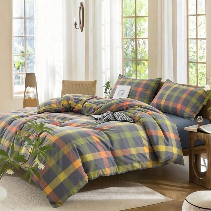 Ensemble de housse de couette 100% coton lavé XINMIANFANG Gingham, Housse de couette double + 2 taies d'oreiller stan