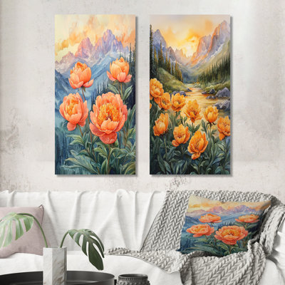 Pivoines estivales et le lever du soleil III - art mural floral 2 pièces