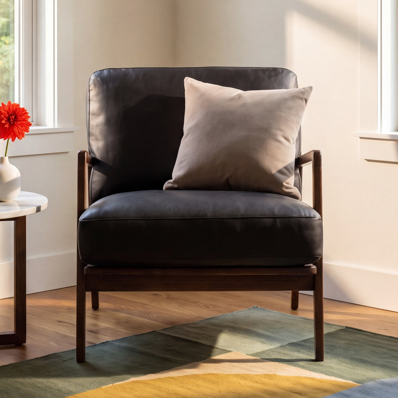 Carmelo Genuine Leather Accent Chair, Black Genuine Leather