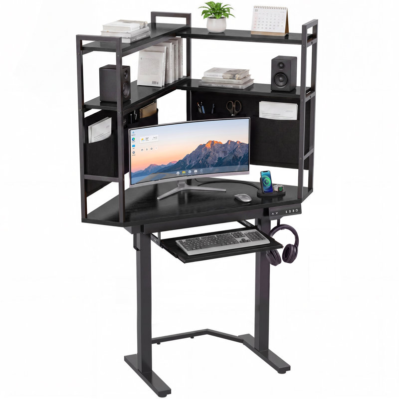 Adjustable Height Iron Standing Desk with Built-In Electrical Outlet, Black