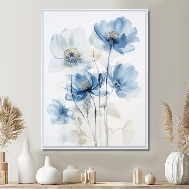 Coquelicots bleus, aquarelle, fleurs sauvages - coquelicot, art mural, Cadre flottant blanc, bois massif, H 32 po x l 16 po