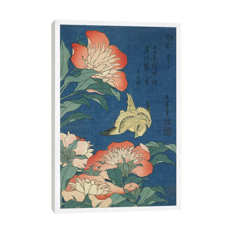 Peonies And Canary, C.1833 by Katsushika Hokusai - Floater Frame Painting on Canvas, White Framed, 101.6 cm H x 66.04 cm W