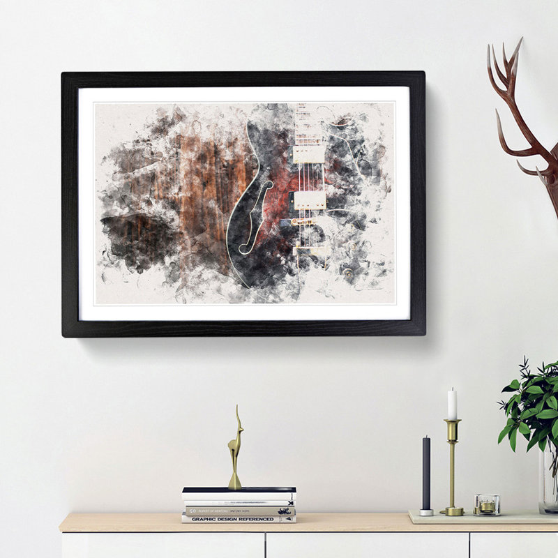 Wooden Electric Guitar - Single Picture Frame Print on MDF, 35cm H x 50cm W x 2cm D, Black