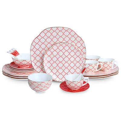 24 Piece Red Poreclain Dinnerware Set,Bone China Set For 4,Ceramic Plates And Bowls Sets With Checkered Cross Pattern,Highly Chip And Crack Resistant | Oven & Dishwasher (Red + Checkered Cross)