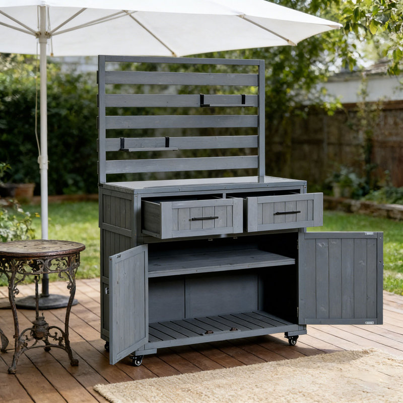 64.9'' H Large Patio Kitchen Island Solid Wood Kitchen Cart, Gray