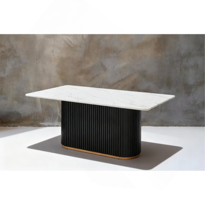 Stylish Rectangular Faux Marble Dining Table With Black Wave Metal Base And Gold Trim, Seats 4-6 For Modern Kitchens And Dining Rooms
