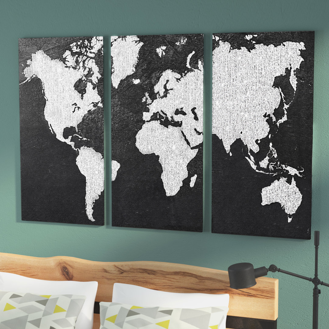 Gray Map' 3 Piece Wrapped Canvas Graphic Art on Canvas Dakota Fields 