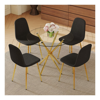 Ensemble de salle à manger 4 pièces avec table ronde en verre trempé de 36,6 po et chaises noir-or - Style moderne et luxueux pour le salon et la cuisine. Convient à divers styles de décoration intérieure.