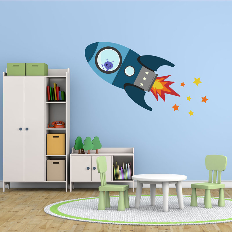 Flying Rocket Wall Stickers, 75cm H x 115cm W, Blue