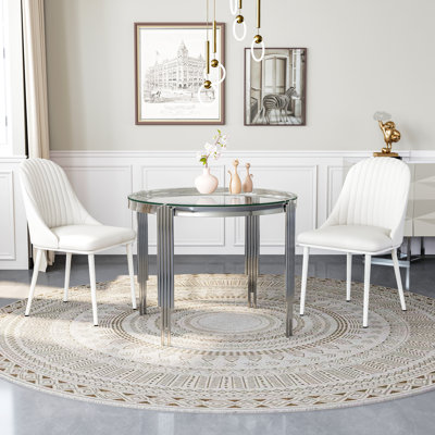 3-Piece Dining Set With Modern Round Glass Table And White Velvet Upholstered Dining Chairs
