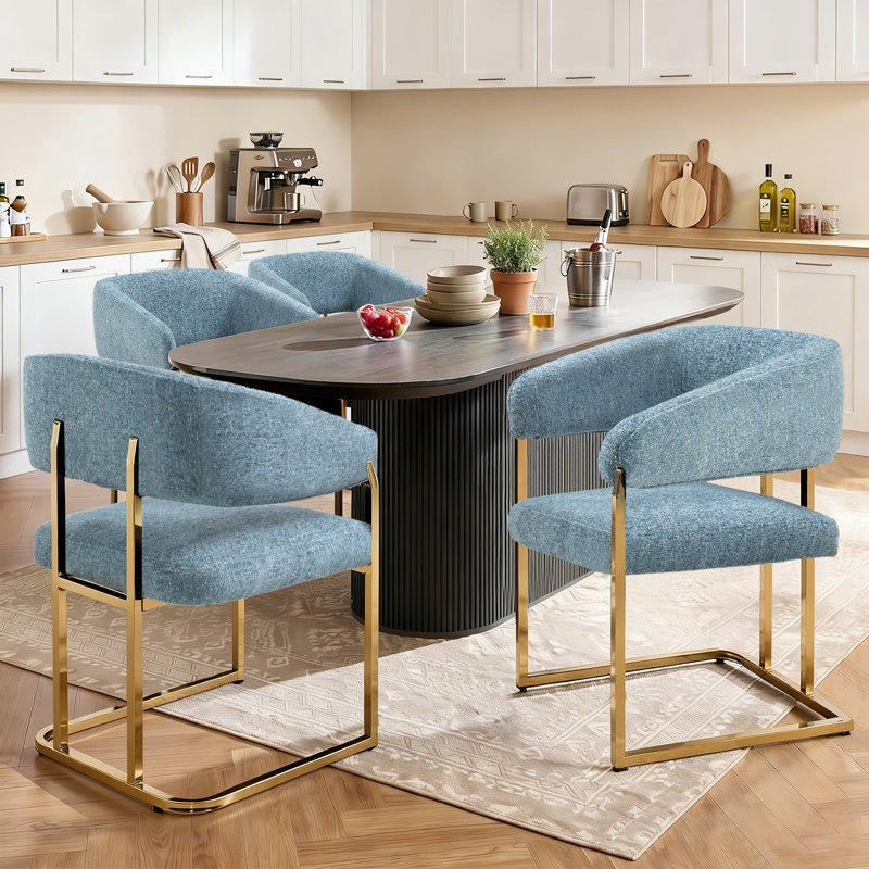 	 Modern 22" Seat Wide Metal Frame Chenille Upholstered Armchair Dining Chair Set of 4 (Blue), Blue