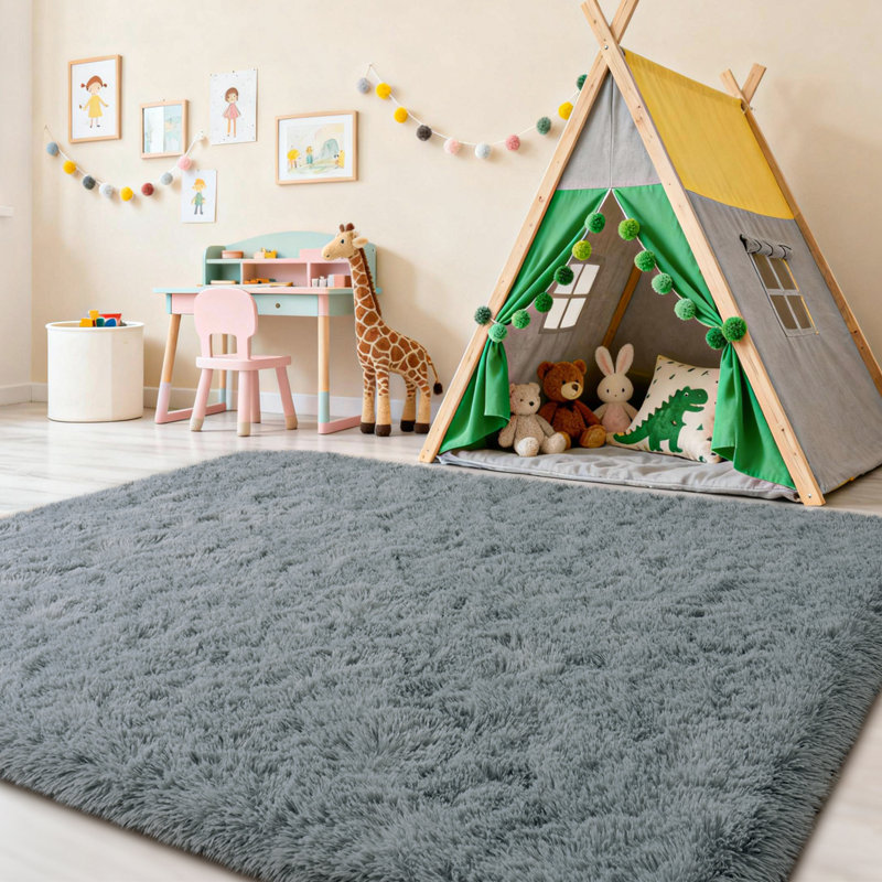 Shag Area Rugs 5x7 ft, Light Grey Fluffy Rug for Living Room, Non-Slip Shag Carpet for Bedroom Nursery Kids Play Room Dorm Office