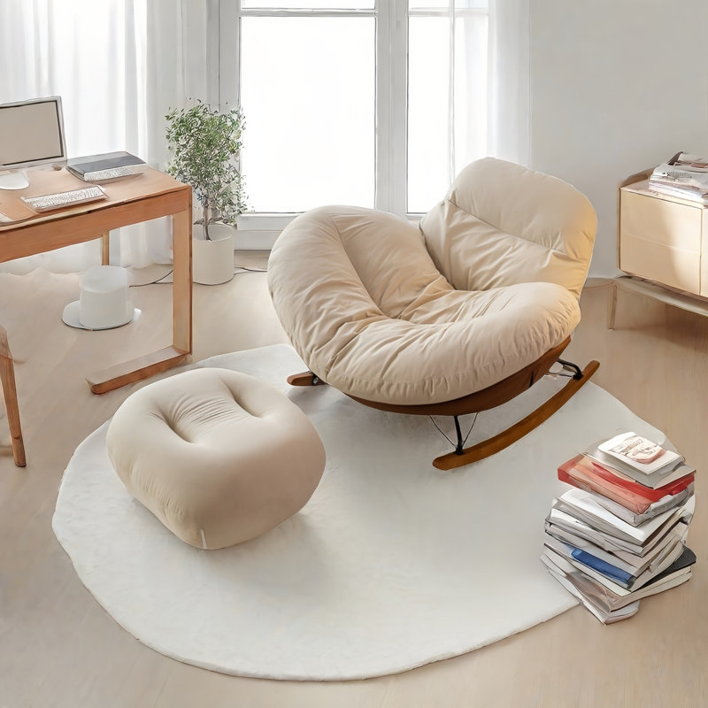 Chaise berçante moderne avec repose-pieds, Blanc cassé / Brun