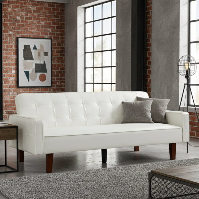 Canapé-lit 74 po Mid-Century, Simili cuir blanc