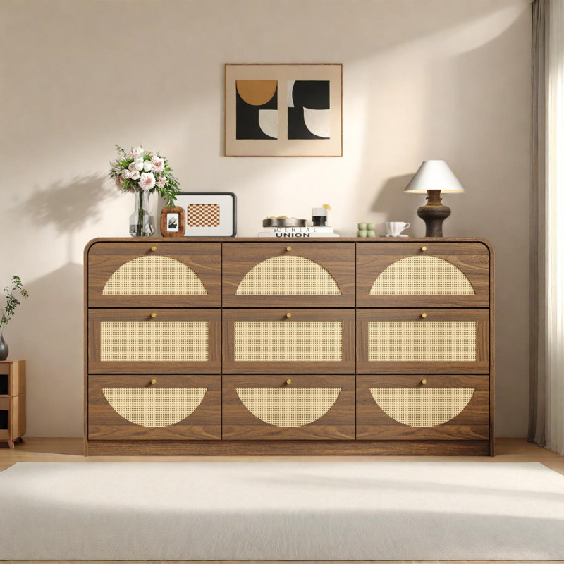 Commode de rangement à 9 tiroirs en rotin pour commode de chambre à coucher ou d'entrée, Dark Brown