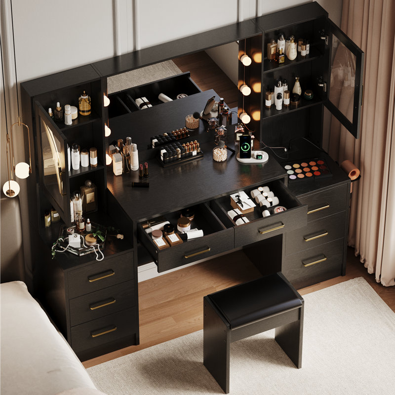 58.2" Large Vanity Desk Table With Mirror & Lights, Power Outlet And 8 Drawers 2 Cabinets, Black