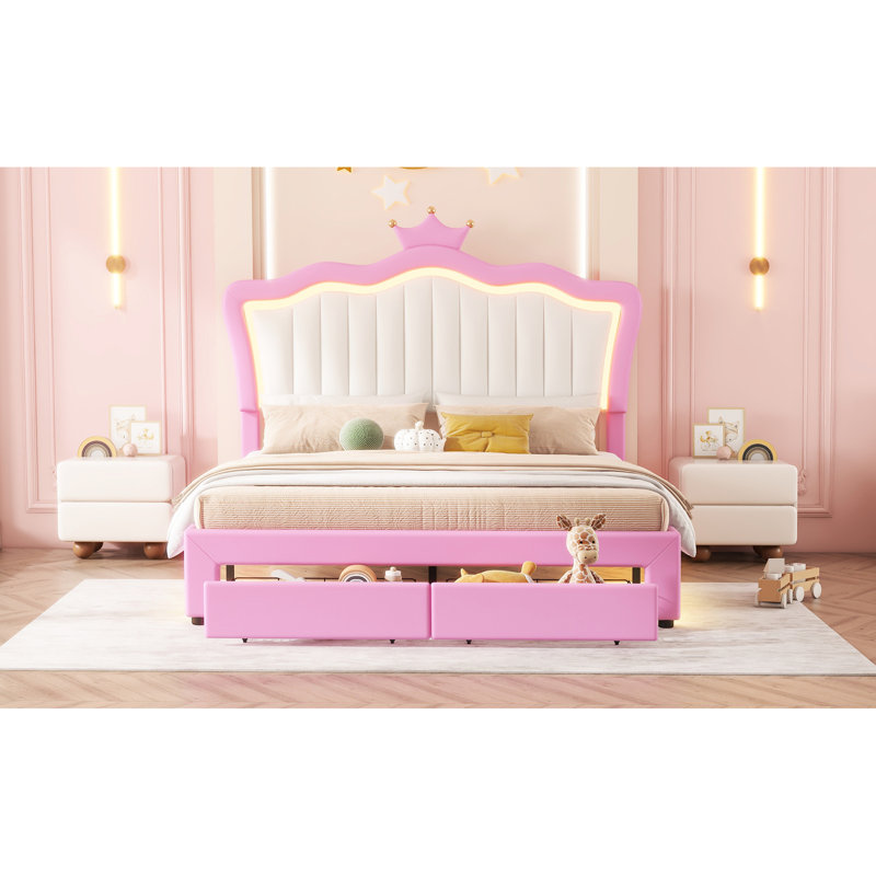 Cadre de lit rembourré avec lumières à DEL et rangement, lit moderne, lit double, rose et blanc, tête de lit rose, blanc