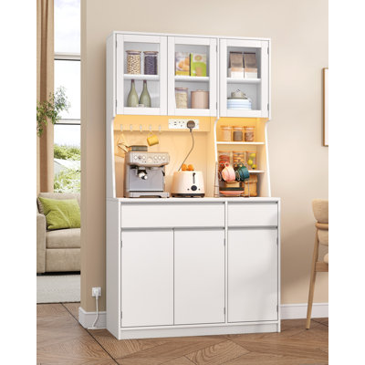 Kitchen Cupboard with LED & Power Outlet, Tall Kitchen Cabinet with Countertop & 2 Drawers, Sideboard Storage Cabinet, Adjustable Shelves, for Dining Room, 40 x 100 x 180 cm