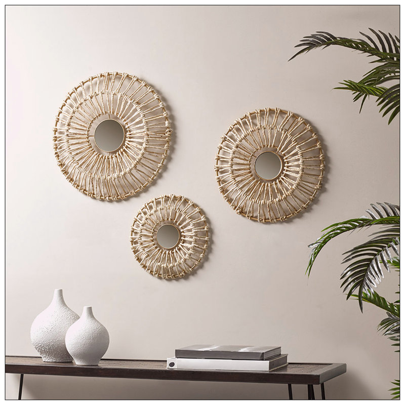 Gold Corn Husk Wrapped Round Decorative Mirror Set