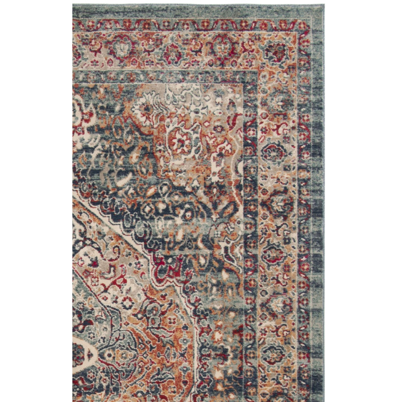 Doucet 300 Pes/Cotton/Pp/Latex Oriental Rug in Navy/Aqua, Rectangle 4' x 6'