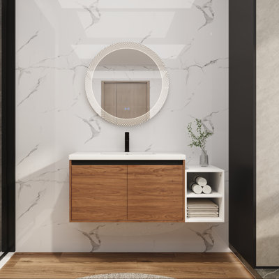 Meuble-lavabo mural avec lavabo en résine, tablette de rangement, portes à fermeture en douceur