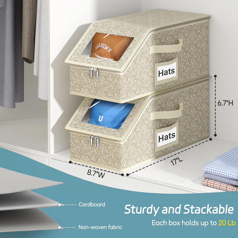 2 PCS Stackable Hat Storage For Baseball Caps, Holds Up To 24 Caps Hat Organizer For Closet, Sturdy Snapback Boxes For Men With Cardboard