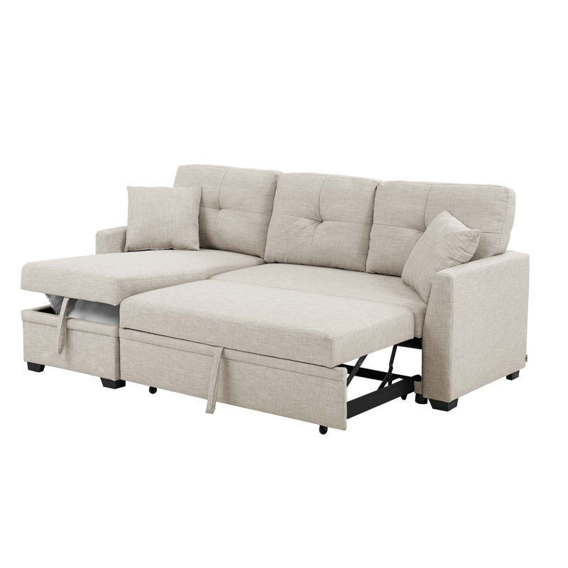 76.5" Linen Blend Upholstered Sectional with Pull-Out Bed and Chaise Storage, Almond