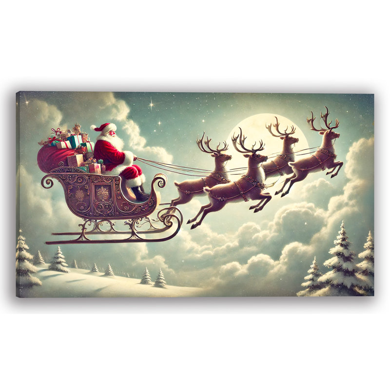 «Santa's Enchanted Moonlight Ride: Toile tendue de style rétro», H 20 po x l 35 po