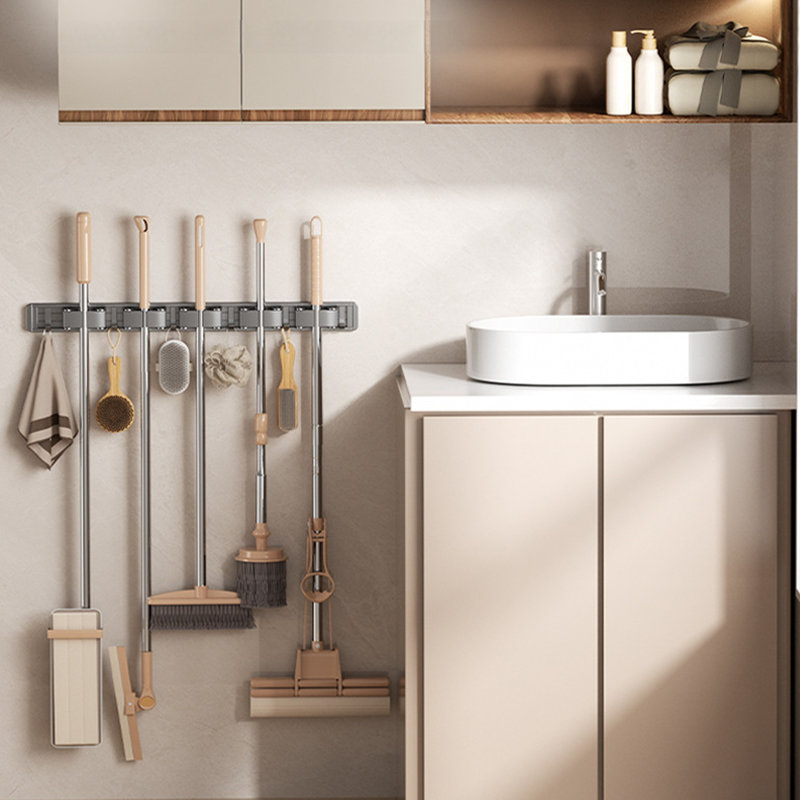 Wall-Mounted Broom Rack With 5 Brackets And 6 Hooks 60 Cm * 5 Cm
