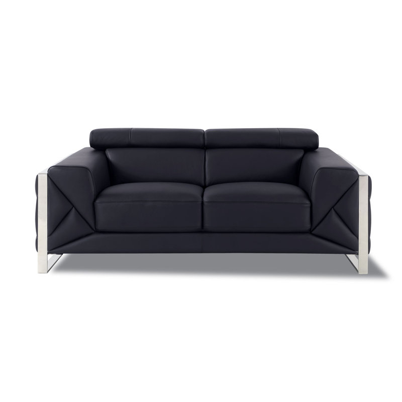 Black Genuine Leather Loveseat with Adjustable Headrests, Black