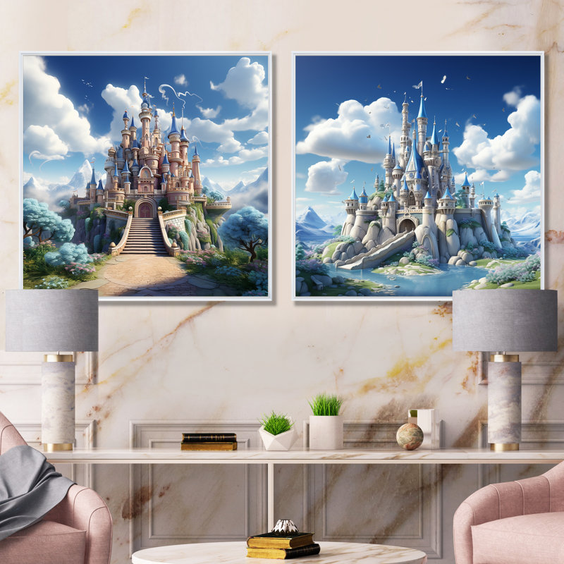 Princesse château magique Dreams I - Châteaux, ensemble de 2 reproductions d'art mural, Cadre flottant blanc